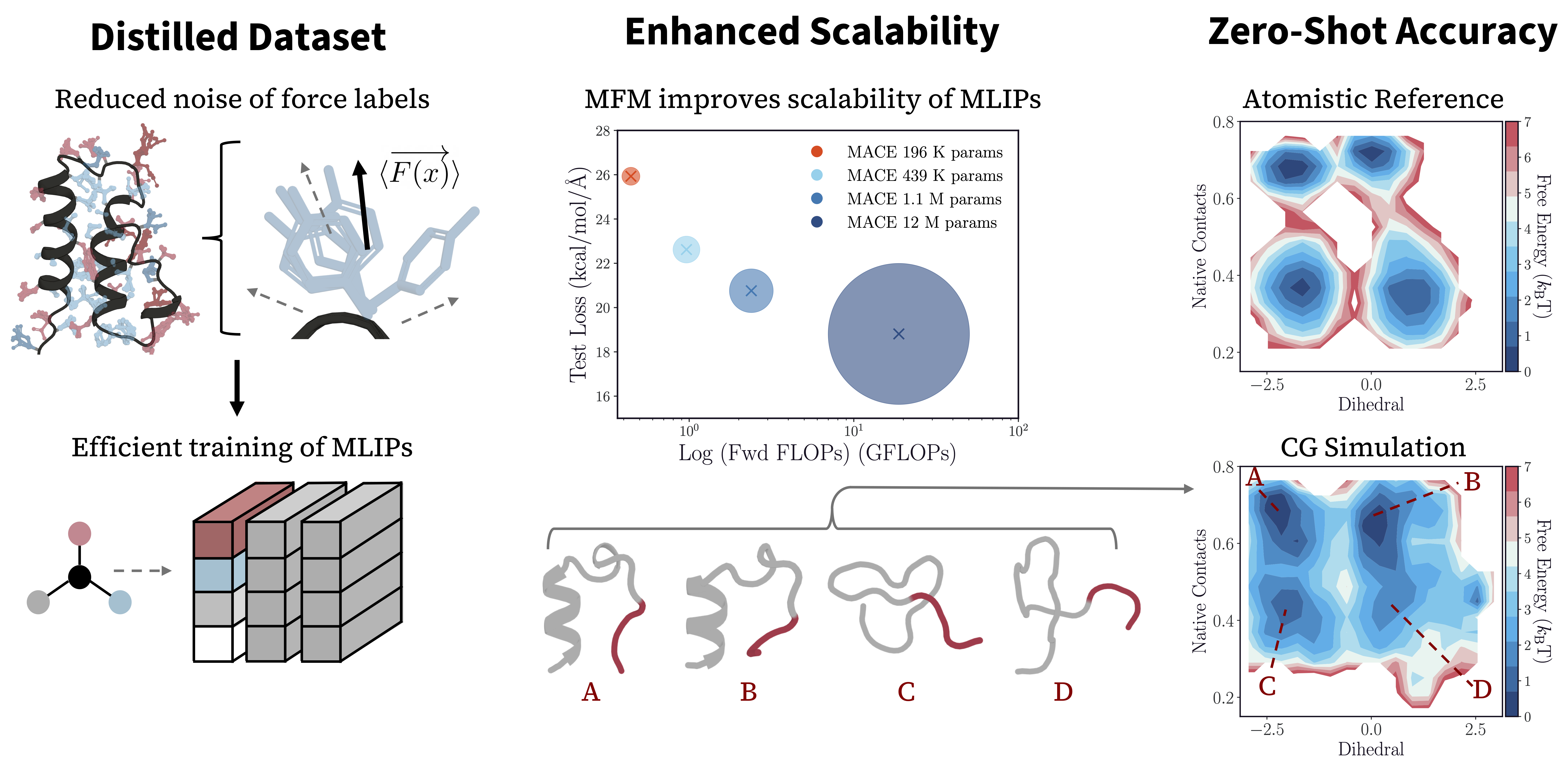 Schematic of mean force matching reducing noise and improving data efficiency for transferable coarse-grained protein models.